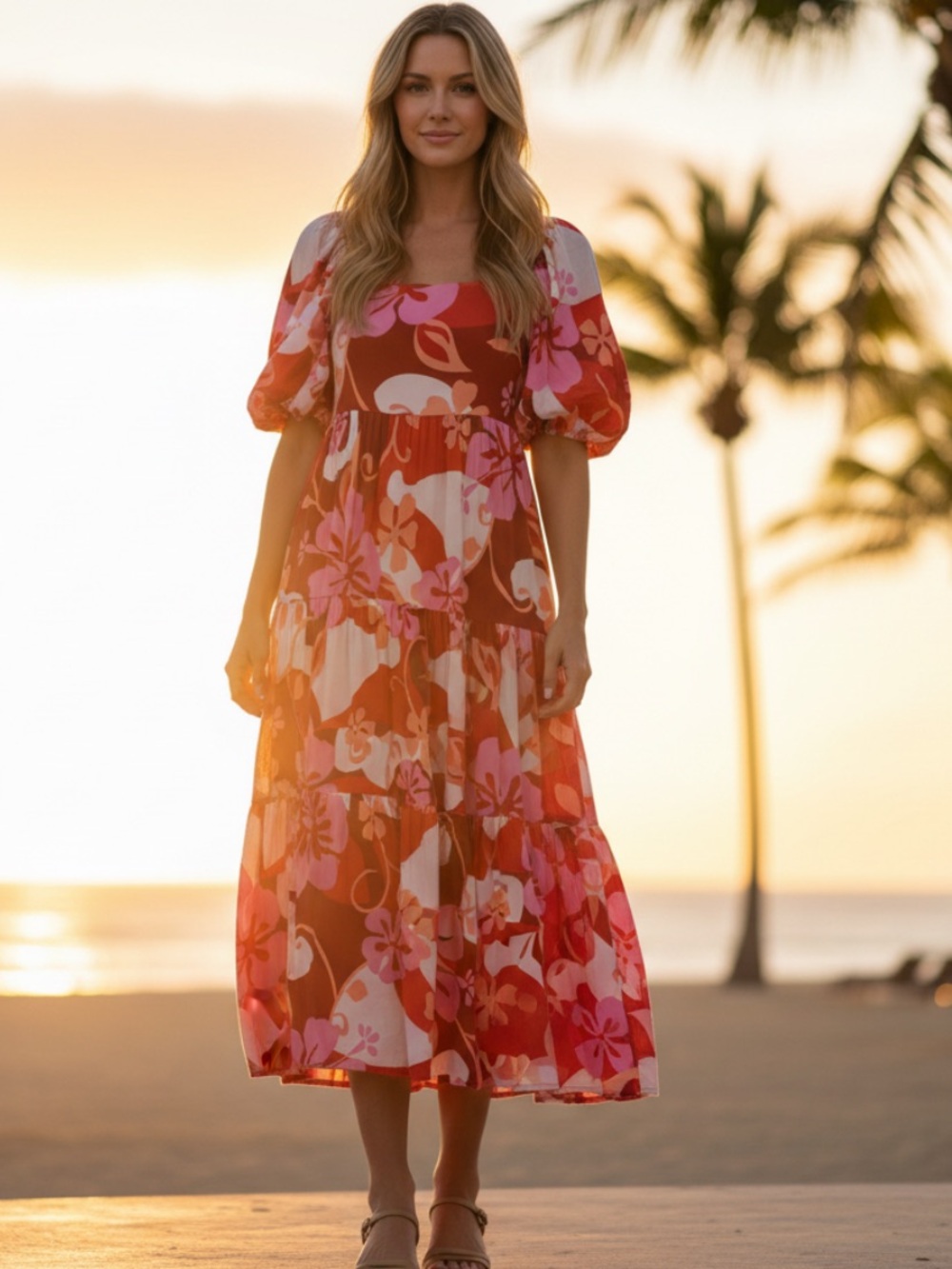 entro Red Floral Midi Dress with Puff Sleeves and Square Neck